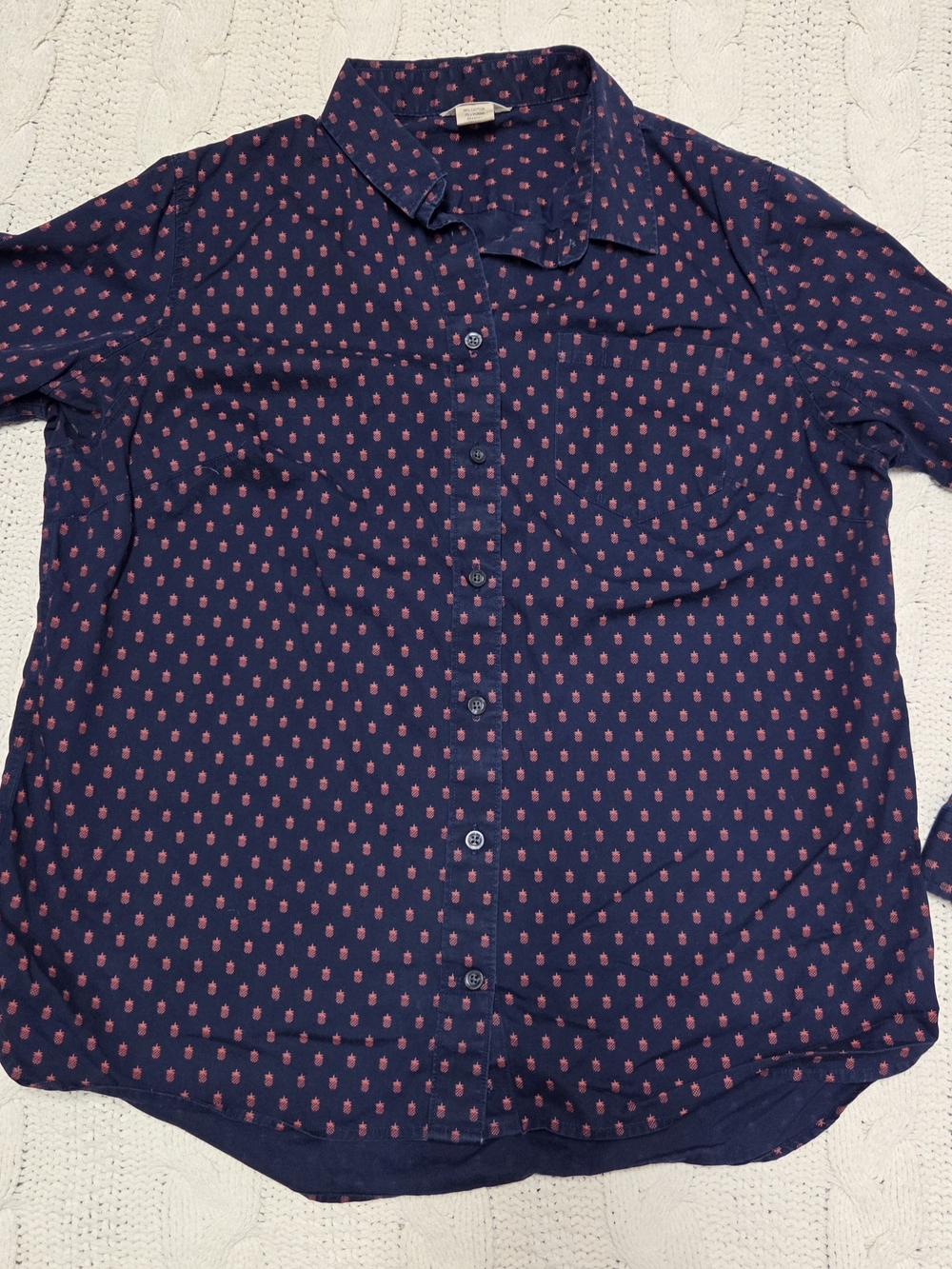 Duluth Trading Co Navy Button-Down Shirt with Pink Dot Print